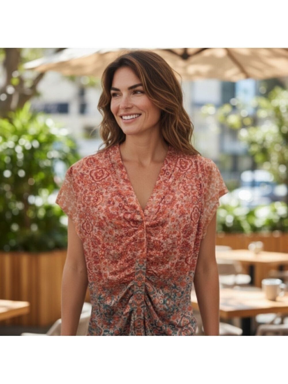DR2 Women's Floral Blouse Orange Green Lined V Neck Large
